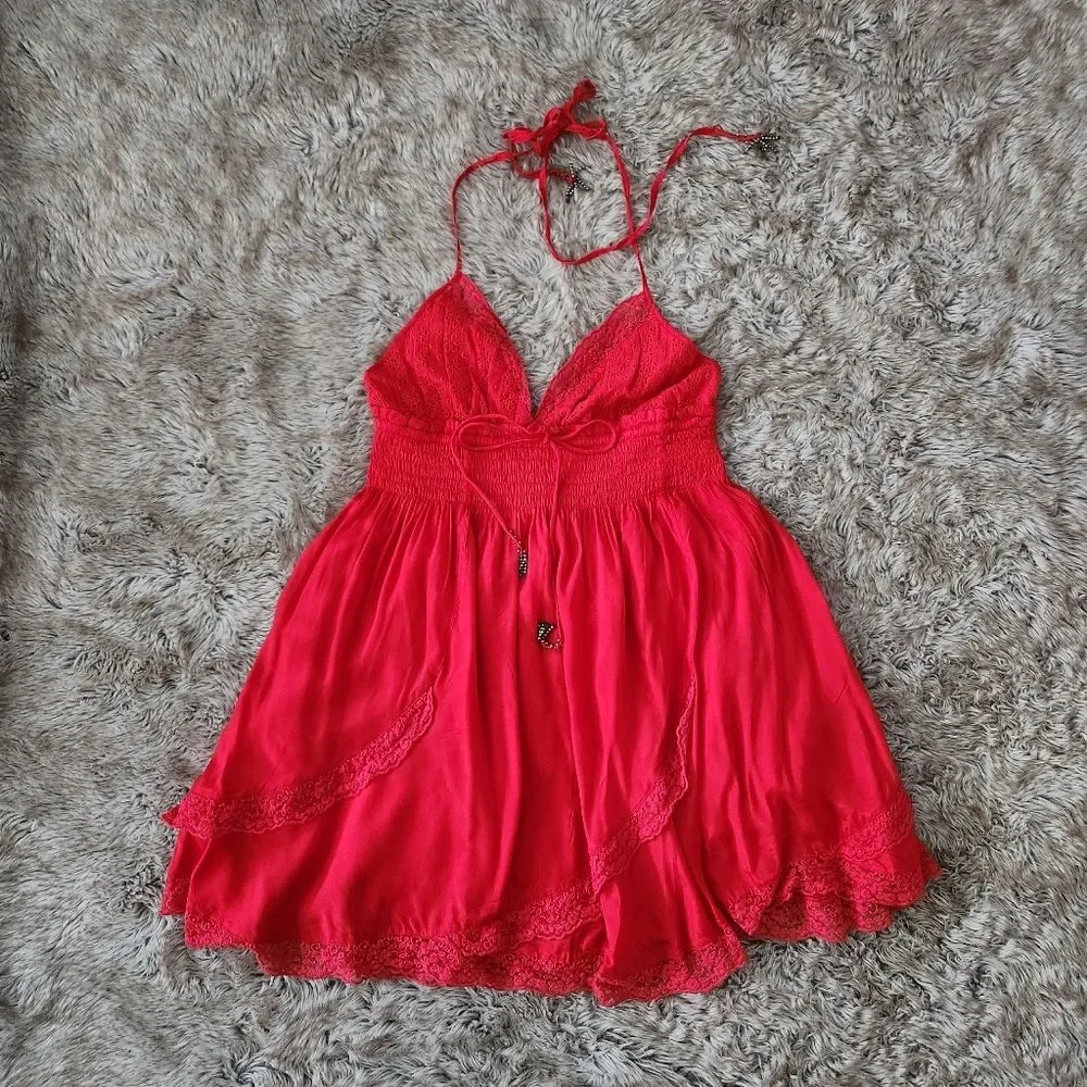 Free People High Risk Red Halter‎ Top Mini Dress Lace Trim Women's Size Small